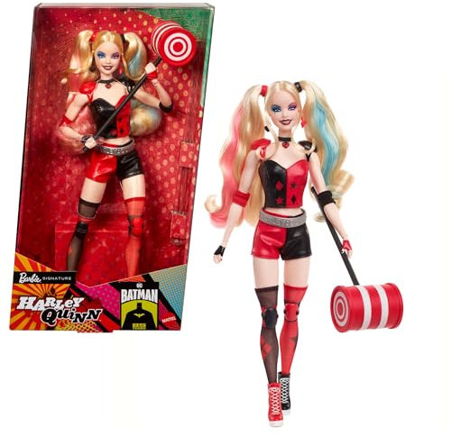 Barbie Signature Harley Quinn, Poupée de Collection, avec Corps posable, Tenue emblématique et Accessoire maillet, DC Batman 85th Anniversary Collectible, HRM84
