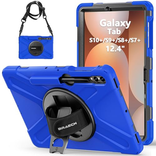 BRAECN Case for Samsung Galaxy Tab S10+/S9 FE+/S9+/S8+/S7 FE/S7+ 12.4 Inch, Heavy Duty Shockproof Sturdy Cover with 360° Rotating Hand Strap & Kickstand, Shoulder Strap, Blue