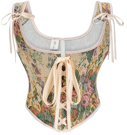 Bslingerie Corset vintage en satin à lacets pour soirée, Motif floral jaune., XL