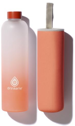drinkerie Botella de cristal de 1 litro (naranja) – Diseño esmerilado – Cristal de borosilicato de alta calidad – Botella de cristal a prueba de fugas 1L – Botella de cristal sostenible para viajes