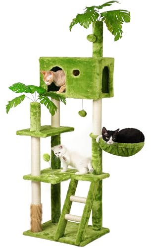 Meecal Grande torre per gatti con foglie per gatti grandi, albero per gatti verde da 165,1 cm con tiragraffi, amaca sospesa, trespolo accogliente, palla oscillante, toelettatore per gatti e scala per