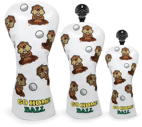 Gopher Groundhog Golf Club Covers - 1pc or 3pcs Set Driver Headcover 3 Wood Headcover Hybrid Headcover - White (PU) Leather Golf Club Headcovers for Drivers and Woods fits for All Brand