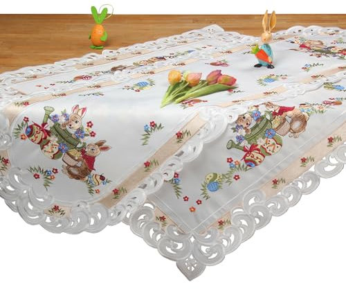 HanaQi - Ostern Tischläufer, Tischdecke Weiß mit Häschen Narzissen Stickerei, Polyester ca. 45x170 cm OVAL