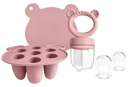 Silikon Fruchtsauger Baby: Schnuller und Muttermilch, Eis am Stiel, Gefrierschrank, Aufbewahrungsbehälter für Babynahrung, Eiswürfel für Babyzahnen und Selbstfütterung (Pink 01)