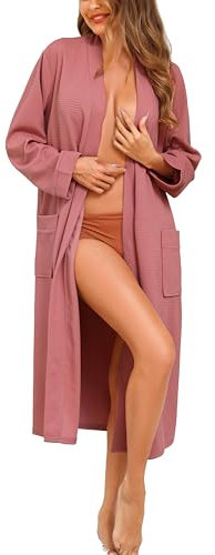 Vlazom Waffle Dressing Gowns Lightweight Kimono Robe Cotton Soft Bathrobe for All Seasons Spa Hotel Nursing Pregnancy Dusky Pink,M