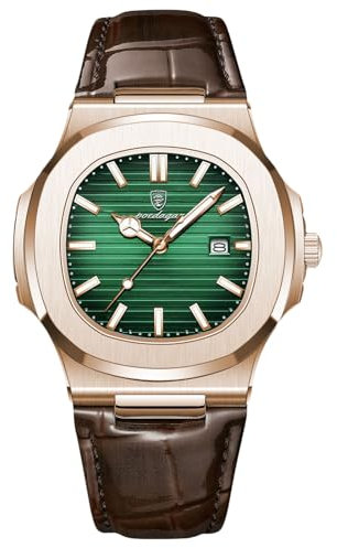 rorios Herren Minimalistic Uhr Analog Quarz Armbanduhr Datum Kalender Leuchtend Uhr Freizeit Edelstahl Herrenuhren mit Leder Armband Rosegold Green