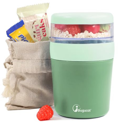 Bugucat Bicchiere per Cereali To Go 650 ml, Con Rivestimento in Tessuto, per Yogurt e Cereali, per Picnic, A Prova di Perdite, Con Cucchiaio, Pratico Bicchiere per Insalata