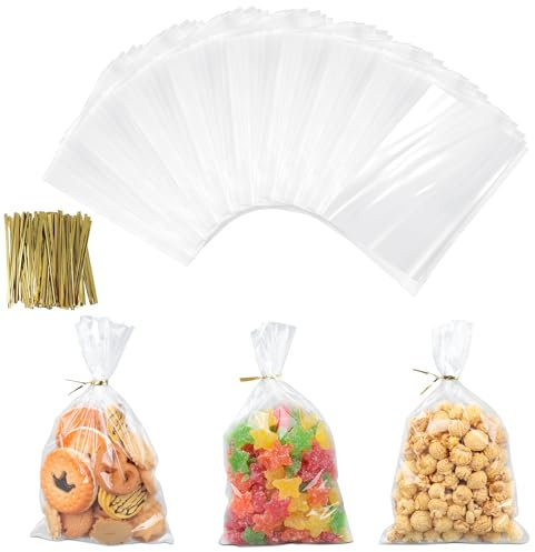 AiQInu 200 Pièces Sachet Transparent avec Cravates, 25 x 15 cm pour Bonbons et Confiserie, Sac Cadeau OPP pour Anniversaires des Enfants