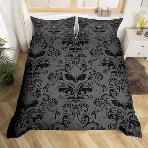 Homewish Schwarzes Damast-Bettwäsche-Set für Erwachsene, King-Size-Größe, antiker viktorianischer Barock-Bettbezug, exotischer Vintage-Blumen-Trösterbezug, Gothic-Fledermaus-Steppdecke, Fledermaus-,