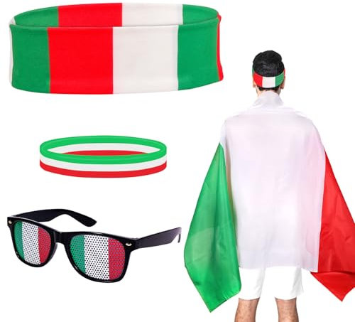 Cape de Costume Drapeau Italie, Lunettes de Soleil Bandeau et Bracelets Ensemble Style Années 80aux Couleurs du Drapeau Kit de Fête Accessoires Patriotiques pour Célébrations et Fêtes d'Halloween