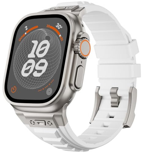 SEURE Correa Pulsera para Apple Watch ultra 2/Ultra 49 mm,Series 9/8/7 45mm,Series SE2/6/SE/5/4 44mm,Series 3/2/1 45mm Correa Durable Sport Bandas en sílice con Diseño Elegante y Conector(T Blanco)