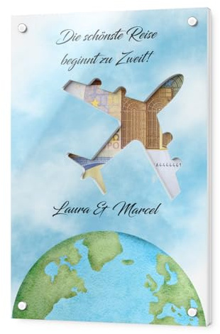 Personalisiertes Hochzeitsgeschenk Reise - Acryl Hochzeitskarte als Geldgeschenk zur Hochzeit 12x18 o. 20x30 cm - Geschenkidee für Hochzeit Standesamt - ausgefallene Hochzeitsgeldgeschenke