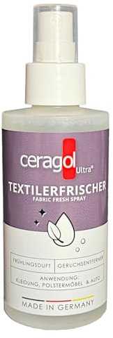 ceragol ultra Textilerfrischer, 150ml - Geruchsentferner mit Frische-Boost für Kleidung, Polstermöbel, Auto, Gardinen - Frühlingsduft