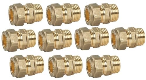 10 Pack of 15mm Compression x 1/2 Male Iron Brass Couplers, Wras Approved