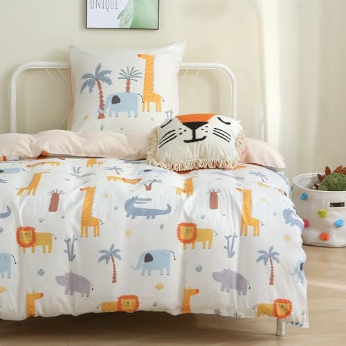 Fekohipy Bettwäsche 135x200 Kinder Waldtiere Kinderbettwäsche Mädchen und Jungen 3D-Druck Mikrofaser Bettbezug mit Reißverschluss und 1 Kissenbezug 80x80 Krokodil Löwe 2-teiliges Kinderbettwäsche-Set