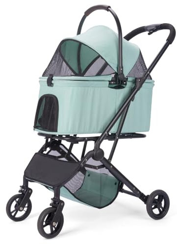 2-in-1-Hundewagen mit abnehmbarem Korb, faltbarer Welpenwagen für Hunde und Katzen, 4 Räder mit Aufbewahrungstasche, Haustierwagen mit 360° drehbaren Vorderrädern für Reisen im Freien (Blaugrün)