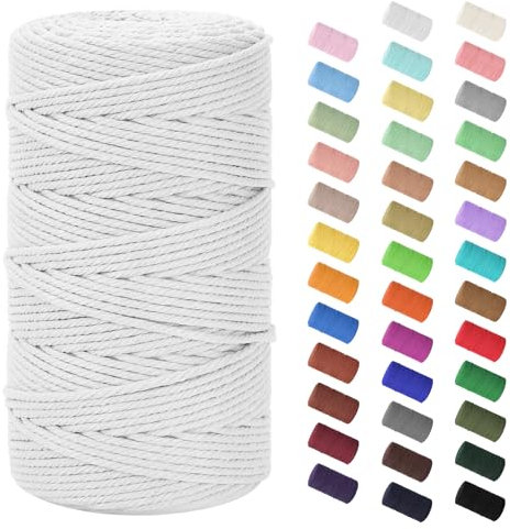 Makramee Garn 3mm x 200m, Baumwollkordel Farbig Baumwollgarn Geflochten Baumwollseil, Natürliche Baumwollschnur für Makramee Wandbehang, Blumenampel, Vorhang und Mehr DIY Deco, Weiß