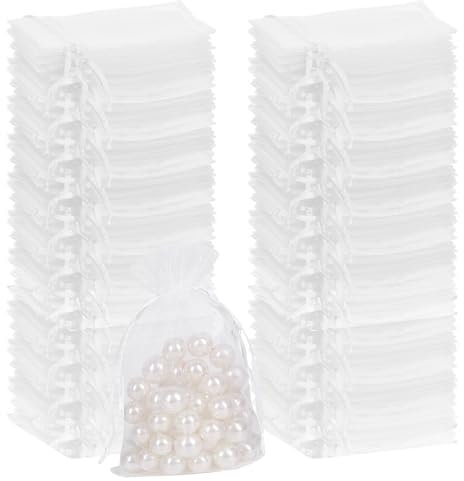 KINDPMA 100 Stück Organzasäckchen Geschenksäckchen 15x20 cm Klein Organzabeutel mit Kordelzug Organza Durchsichtig Organza-Säckchen Weiß für Schmuck Hochzeit Süßigkeiten