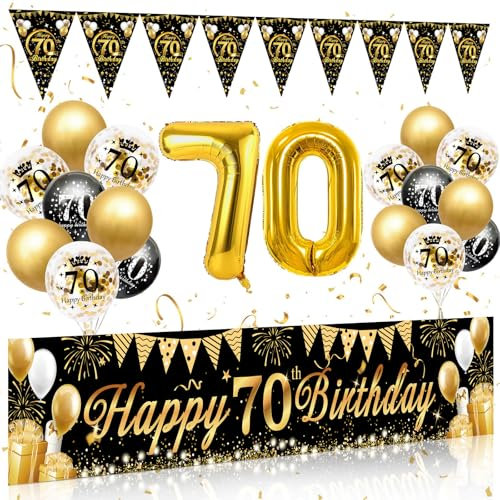 70. Geburtstag Deko Mann Frau, 70 Happy Birthday Banner Schwarz Gold, Luftballons 70 Geburtstag Girlande Wimpel, Deko 70. Geburtstags Hintergrund Ballons Schwarz Gold für 70 Geburtstagsdeko