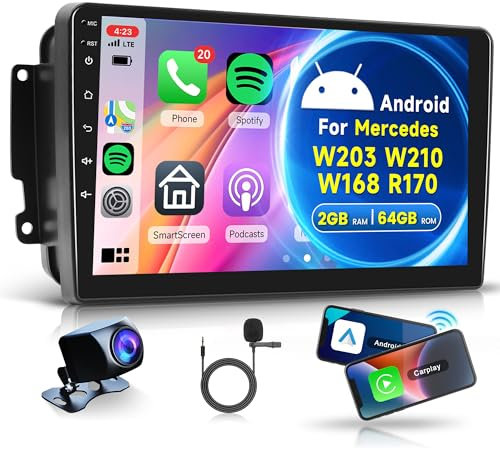 2G+64G Wireless Carplay Android Autoradio für Mercedes Benz W203 W210 W168 R170 Vaneo Vito Viano 9 Zoll Autoradio 2 Din mit Android Auto Navi GPS WiFi Mirror Link Bluetooth FM/RDS/EQ Rückfahrkamera