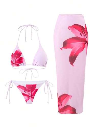 ZAFUL Womens 3pcs Swimsuit Floral Halter Triangle Bikini Top Tie Side Bottom with Long Sheer Cover Up Skirt 5-Pink S