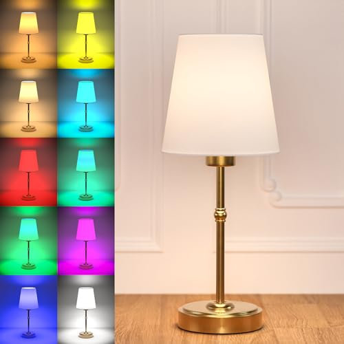 Bedside Table Lamp for Bedroom with Rechargeable Light Bulb 2200mAh Battery Operated Small Gold Vintage Decor Cordless Lamp, 4 Color Temperature/Timer/Dimmer/Color Changing Table Lamps for Living Room