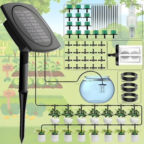 Yowin Irrigatore Automatico per Vasi ad Energia Solare, Irrigazione a Goccia con 12 Timer, 15M Tubo, 15 Irrigatori, Anti-sifone, Irrigazione Piante Vacanza per Giardino Terrazzo Balcone Esterno