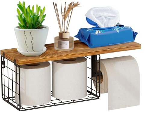 Toilettenpapierhalter mit Ablage Holz, Regal Wand zur Aufbewahrung, Schweberegal über der Toilette, Klopapierhalter mit Feuchttücherbox Rollenhalter für Badezimmer, Wohnzimmer, Schlafzimmer, Küche