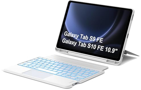 Funda Teclado Samsung Tab S9 FE/S10 FE con Touchpad, Funda Teclado 3 Canales Bluetooth Español Ñ Retroiluminado Magnéticamente Soporte Retrato/Paisaje para Samsung S9 FE/S10 FE 10.9/S9 11, Blanco