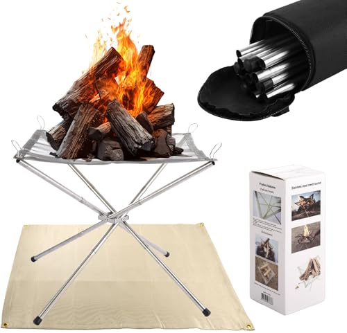 AKOLAFE Tragbare Feuerstelle für Camping, 41 x 41 x 36 cm, Outdoor-Feuerstelle, groß, faltbar, Camping-Feuerstelle, Edelstahl-Feuerstellen mit Matte für Grill, Hinterhof, Terrasse, Garten