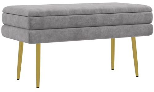 HOMCOM Banc de Rangement, Bout de lit, Coffre de Rangement avec Assise Aspect Velours et Pieds Acier, 79,5 x 37,5 x 43 cm, Gris et doré