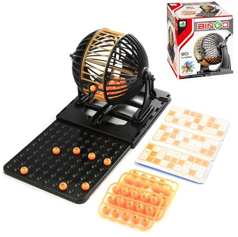 IVhomeshop 6 Cage Bingo Gift Game 90 Number 24 Cards Bingo Machine Cage Game Set with Bingo Balls Classic Cage Bingo Tray