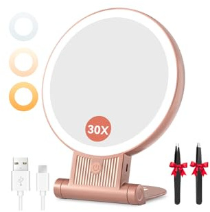 Auxmir 30X Magnifying Mirror, Double Sided 1X /30X Makeup Mirror with Light, Folding Lighted Rechargeable Beauty for Travel, Rotating 3 Color Lights, Dimmable Touch Screen, Rose Gold