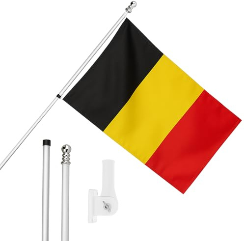 I LOVE FANCY DRESS Ensemble de drapeau, mât de drapeau et support mural – Drapeau de la Belgique de 1,5 x 0,9 m avec œillets, mât extensible et support – Décoration intérieure et extérieure
