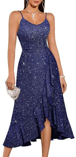 DRESSTELLS Cocktailkleid Damen Festlich Träger Hochtief Kleid für Hochzeit Knielang Weihnachtsfeier Kleider Elegantes Partykleid
