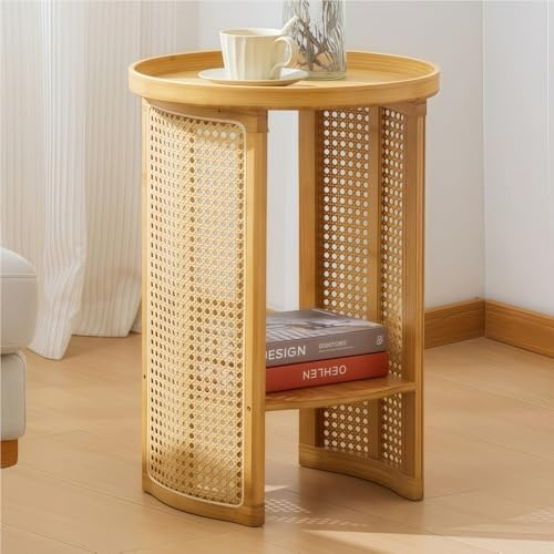 JIANSOZ Rattan-Beistelltisch, kleine Beistelltische, Wabi – Sabi-Couchtisch mit offenem Stauraum, Nachttisch für Wohnzimmer, Balkon und Schlafzimmer (Natur, B 17,7)