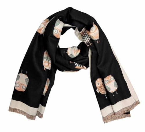 J26 Schöner Schal mit Eule, Elch oder Teddybär Motiv Winter Stola Tuch Übergangsschal mit Fransen Poncho Baumwolle Tiermotiv