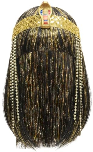 Brxmpn Ägyptische Königin-perücke, Kleopatra-kostümaccessoire, Goldener Schlangenkopfschmuck, Ägyptische Kleopatra-perücken, Schwarze, Glatte Kunsthaarperücken Für Damen