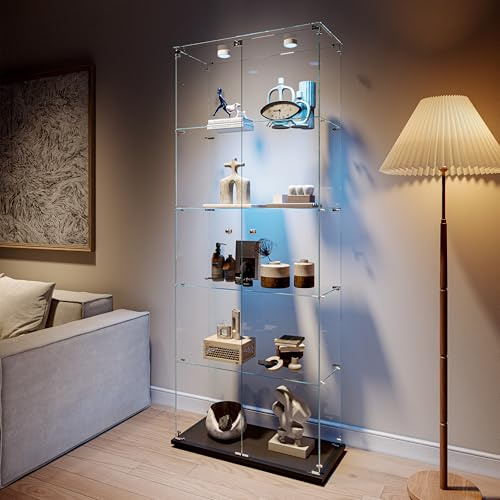 TIMORWTF Glasvitrine Stehend mit LED, Schrank Vitrine für Sammlung, 2 Türen mit Schloss, 5 verstellbare Regale, 186 x 78 x 34 cm, Schwarz