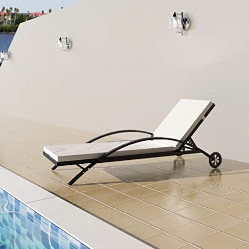 Owoxanthellate klappbare Sonnenliege Schwarz 200x65x39 cm, wetterfestes Poly Rattan, cremeweißes 5 cm Polster, verstellbare Lehne, Rollen, Stahlgestell, Garten/Balkon/Strand