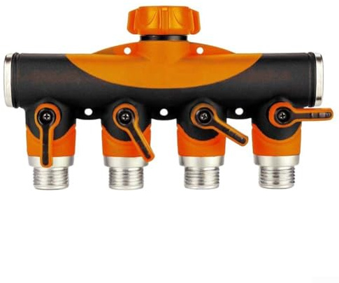 Répartiteur de tuyau d'arrosage de 1,9 cm, 4 voies 5 voies en laiton et plastique avec valves pour arrosage de robinet extérieur (orange)