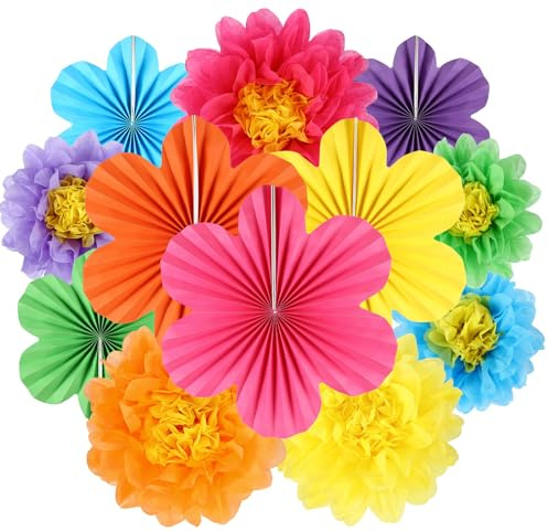BestoFun 12er Set Papier Blumenfächer & Papierblumen Pompons Mexiko Hängende Girlande Dekoration für Hochzeit Geburtstagsfeier Gartenparty Tischdeko