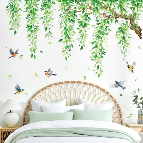 Supzone Grands Stickers Muraux Branche Arbre Autocollant Mural | Pendaison Vigne Vertes Plantes Décoration Murale Fleurs Oiseaux pour Chambre Salon Bureau Mur TV Cuisine