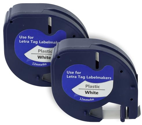vhbw 2x Schriftband-Kassette Plastik kompatibel mit Dymo LetraTag Plus LT-100T, XM, 2000, LT-100H Etiketten-Drucker 4m x 12mm Schwarz auf Weiß