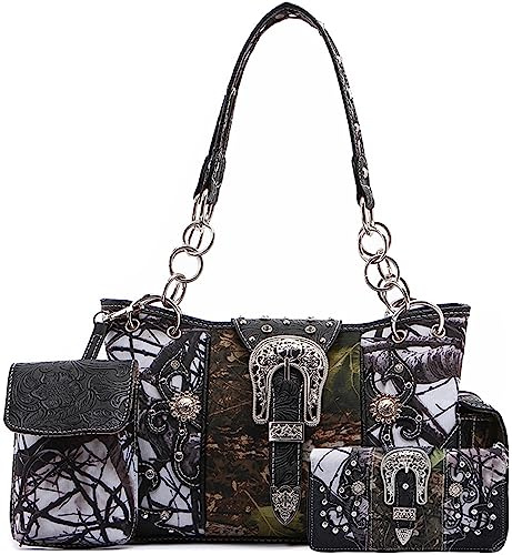 Cowgirl Trendy Damen Handtasche, Schultertasche, börse, Western-Stil, Camouflage, Schwarz (Schwarz Set), Large
