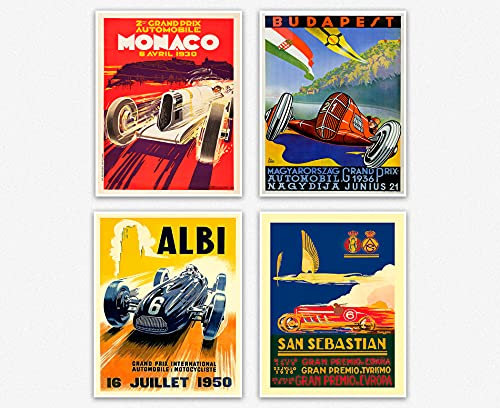 Grand Prix Poster Set of 4 grand Prix Prints Wall Art Poster Motor Racing Poster Motor Racing Art Car Poster Prints Grand Prix Art (21cm x 30cm)
