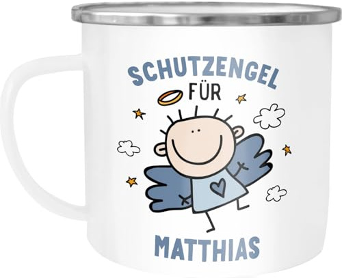 SpecialMe® Emailletasse Schutzengel mit Name Emaille-Becher personalisierte Geschenke Glückstasse Glücksbringer Weiss-metall-blau Emailletasse