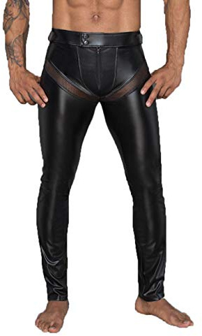 Noir Handmade Men Collection Herren Wetlook-Longpants schwarz mit Einsätzen und Taschen aus Netzmaterial Lange Männer Gogo und fetisch Hose