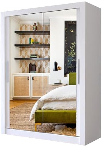 A.C. Milan Modern Double Mirror sliding door wardrobe with LED Light Width 100cm/120cm/150cm/180cm/203cm/250cm (120, White)