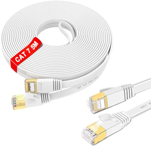 Cable Ethernet 5 metros Cat 7, Plano Cable de Red 5m Alta Velocidad 10Gbps 600MHz, Blindado RJ45 Cable LAN Cat 7 FTP Exterior Interior, Blanco Gigabit Cable Internet para Router Módem Switch (5 Clips)
